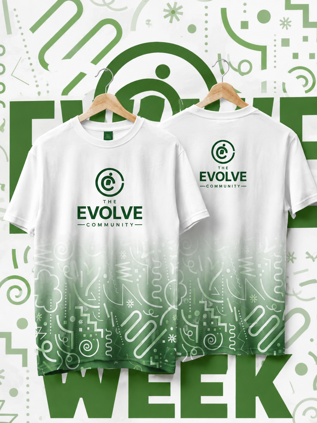 The Evolve Community branded t-shirts, front and back