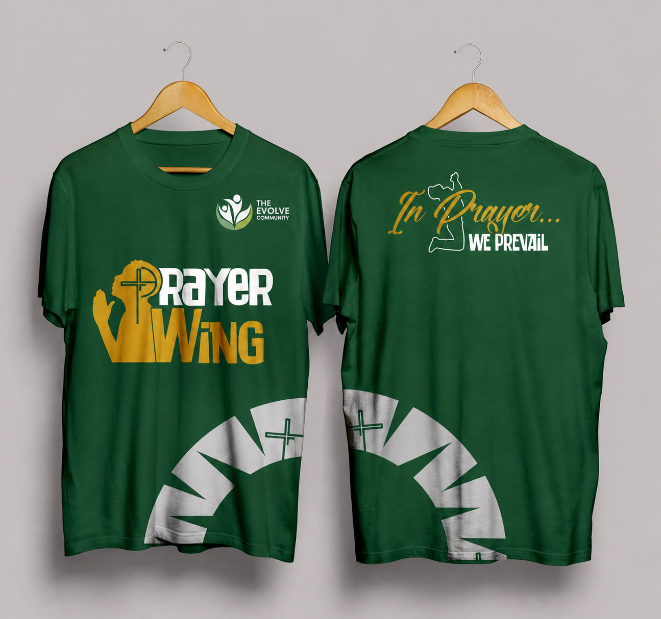 Prayer Wing green branded t-shirts, front and back