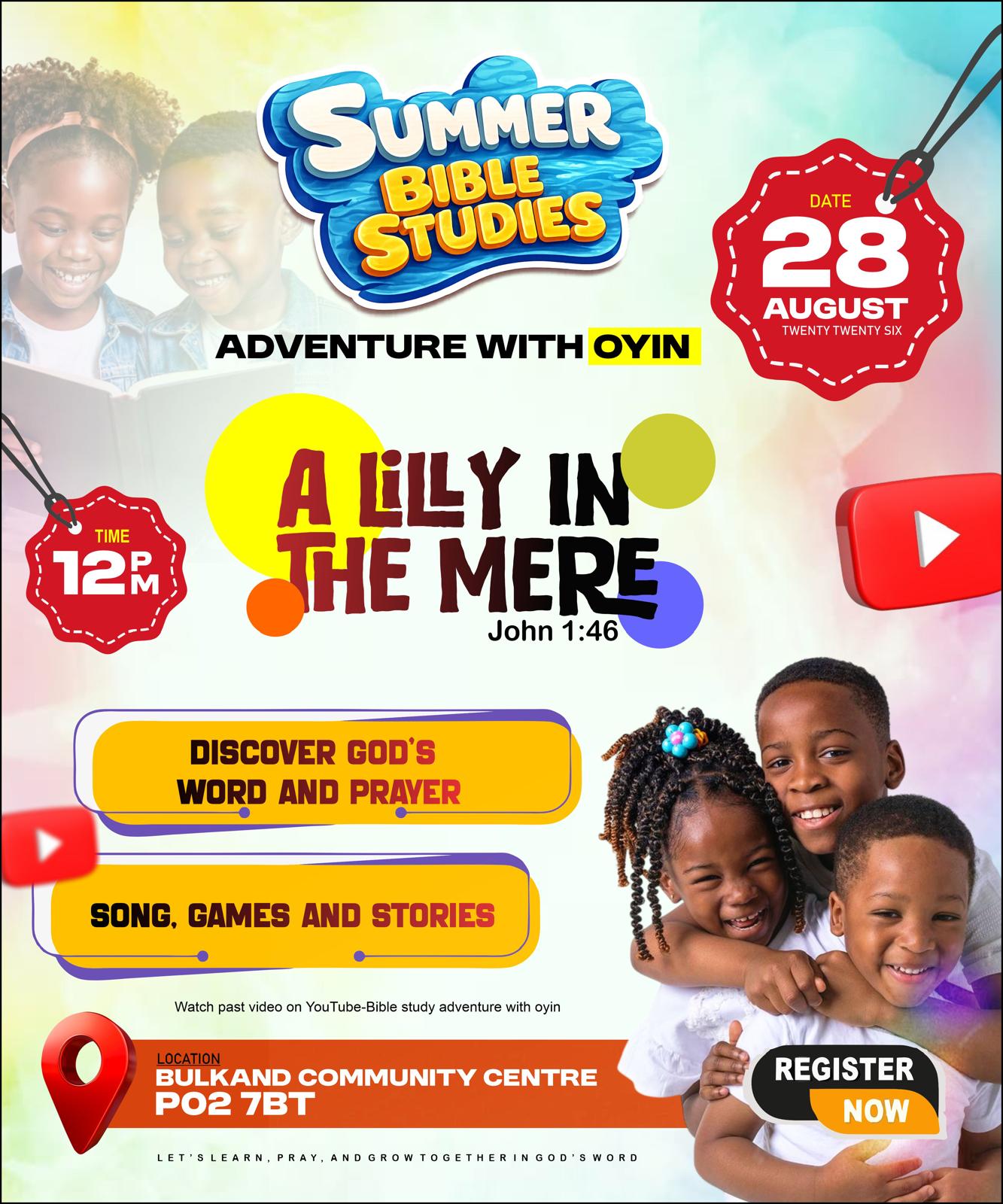 Summer Bible Studies — A Lily in the Mere, children's programme flyer